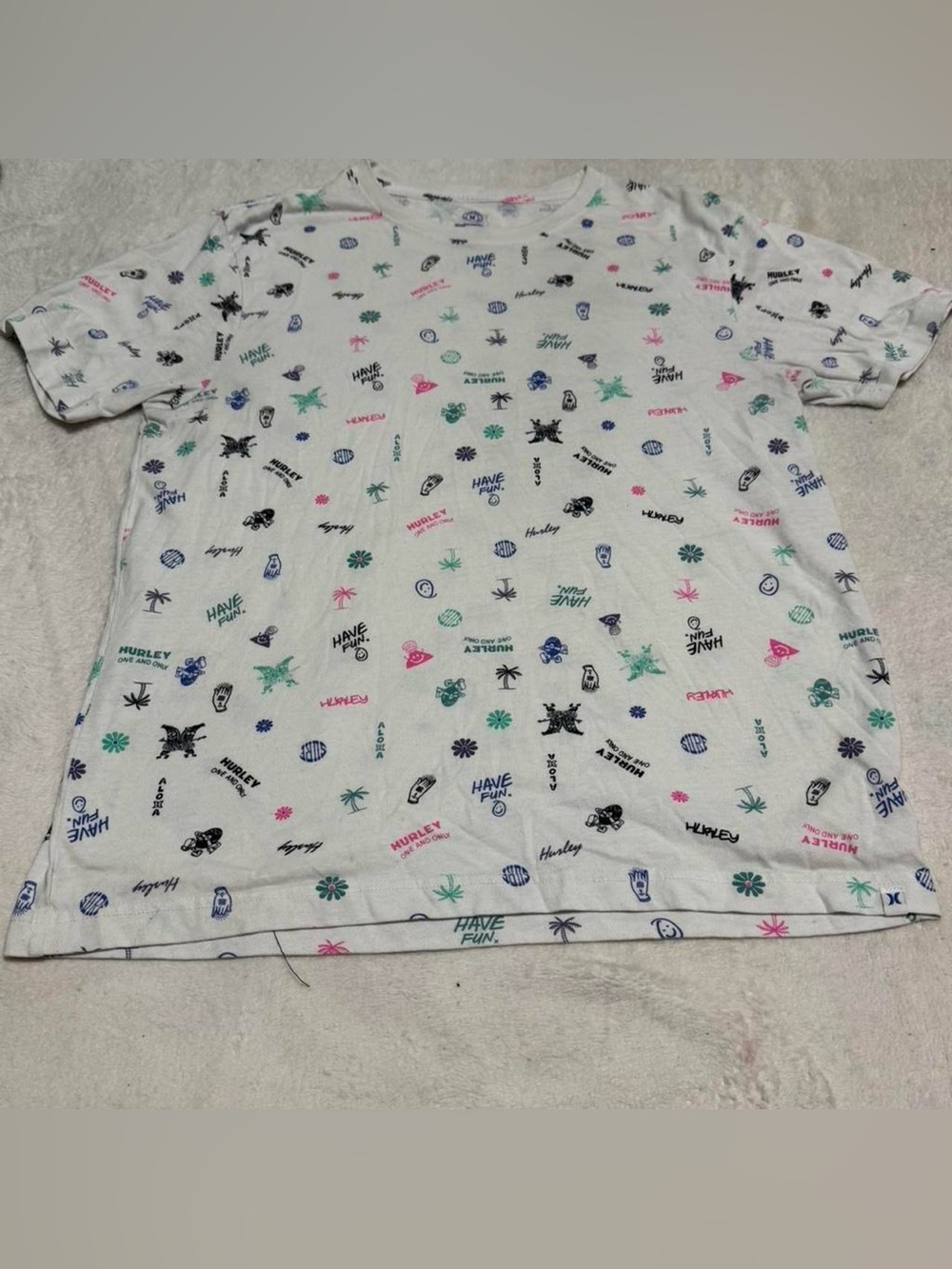Hurley White Short Sleeve Tee with Multi-Color Mini Graphics